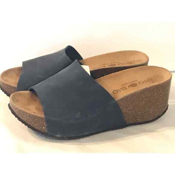 Bio Bio Wedge Slide Sandals Womens Sz 7.5 Blue Gray Made in Spain Nubuck Leather - Picture 1 of 8
